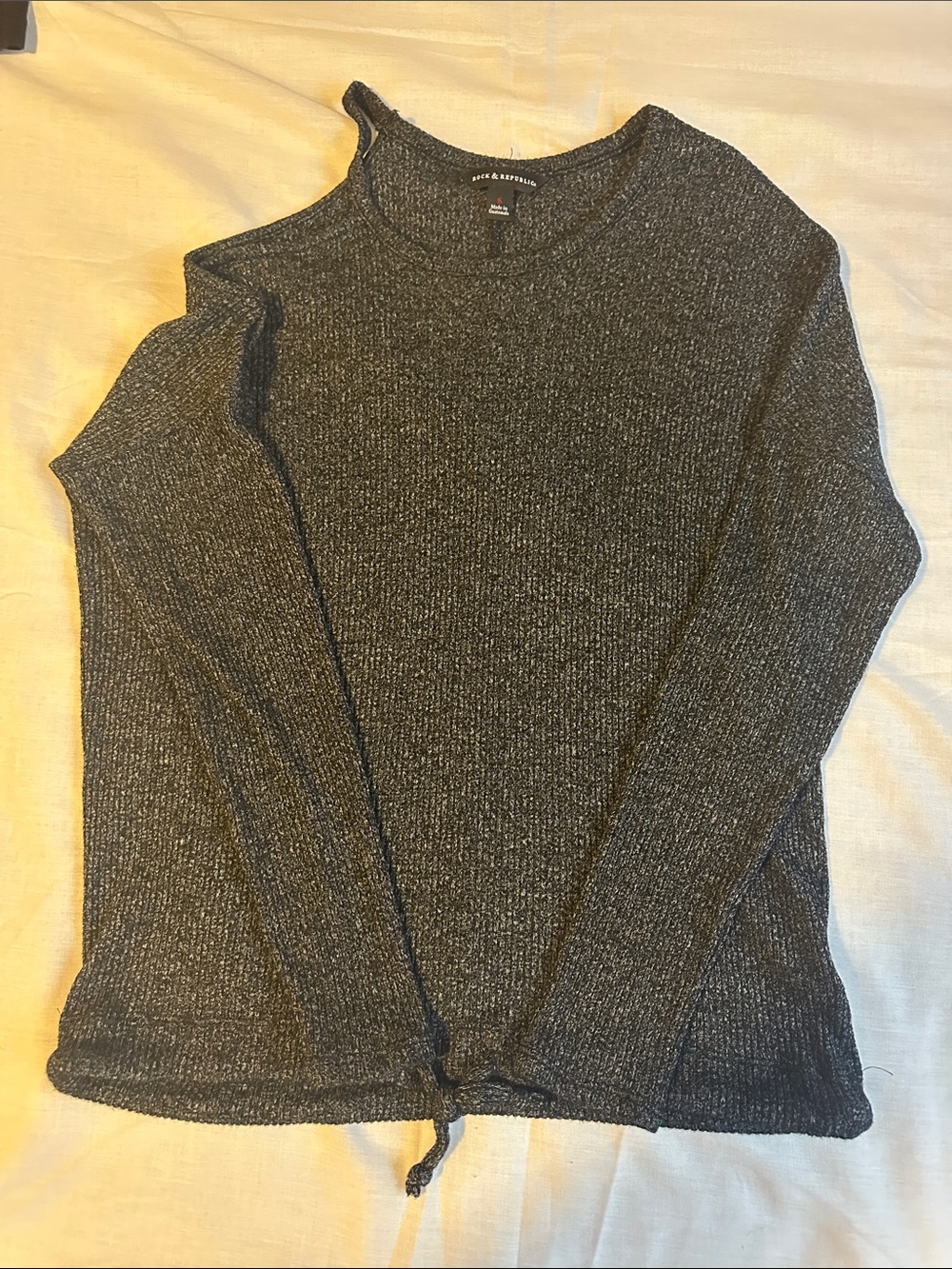 Rock & Republic One Cold Shoulder Drawstring Front Dark Gray Sweater Size Small